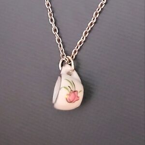 eacup Necklace with Sterling Silver pl Chain and White & Pink Floral Teacup